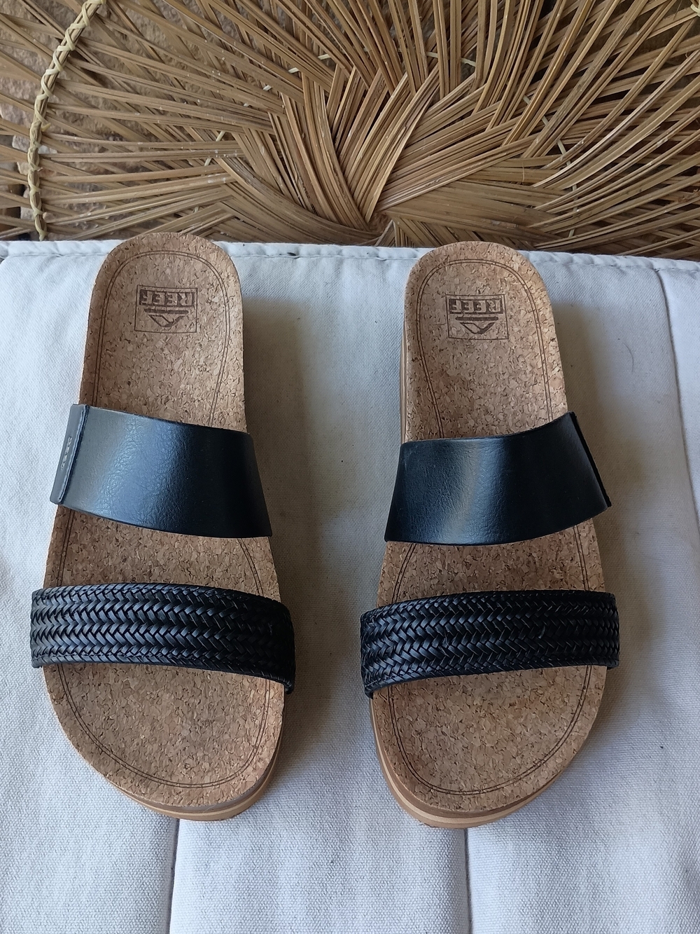 Reef Black Two-Strap Cork Slide Sandals_9.5